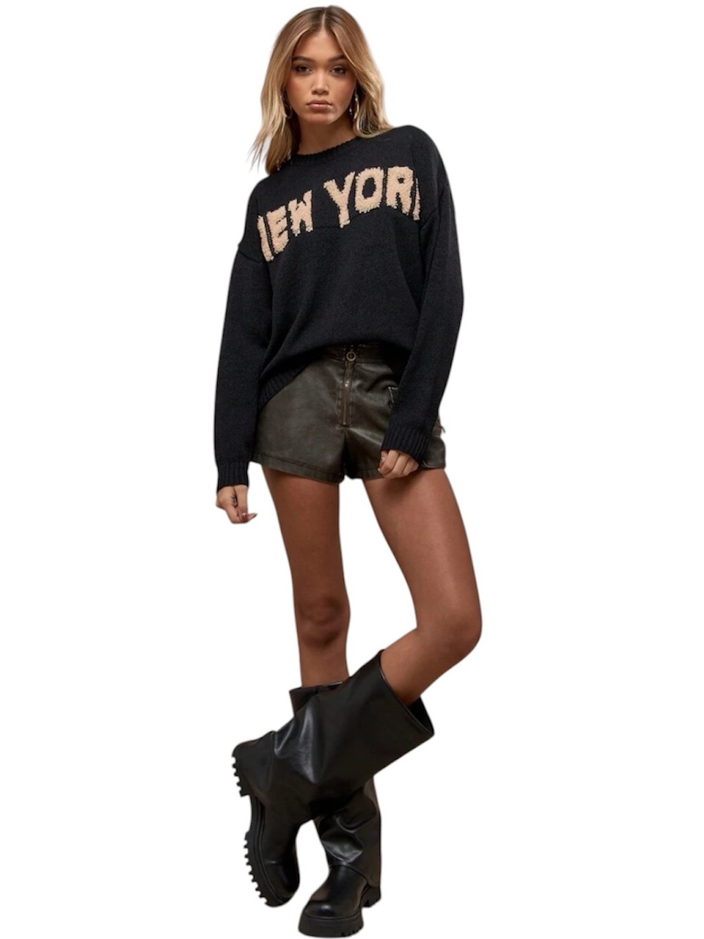 Missguided New York Teddy Letter Sweater Black Crewneck Cozy Knit Size Small